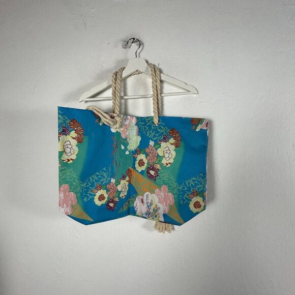 Citron Santa Monica Handbags - Citron Santa Monica Collection Rope Handle Tote Bag Floral Print Blue Pink 14x19